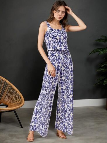 Women's Floral Print Jumpsuit, Blue and White Pattern, Wide Leg, Sleeveless in Saudi Arabia
