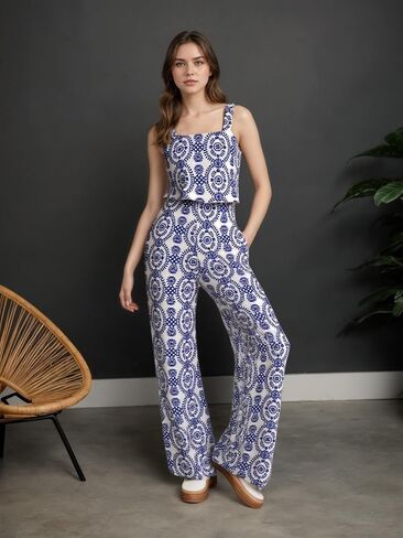 Women's Floral Print Jumpsuit, Blue and White Pattern, Wide Leg, Sleeveless in Saudi Arabia