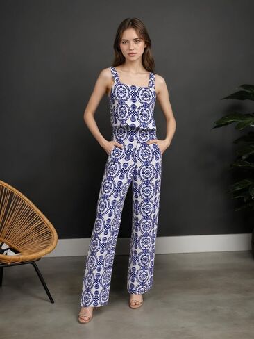 Women's Floral Print Jumpsuit, Blue and White Pattern, Wide Leg, Sleeveless in Saudi Arabia