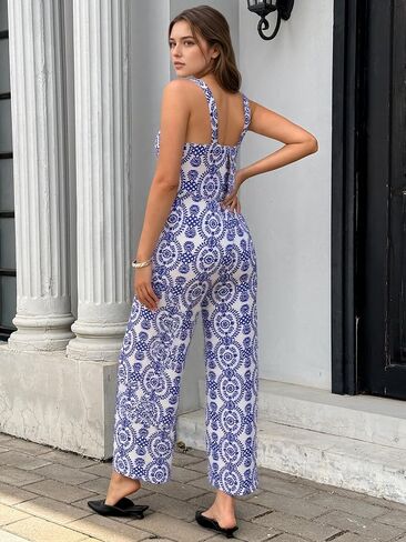 Women's Floral Print Jumpsuit, Blue and White Pattern, Wide Leg, Sleeveless in Saudi Arabia