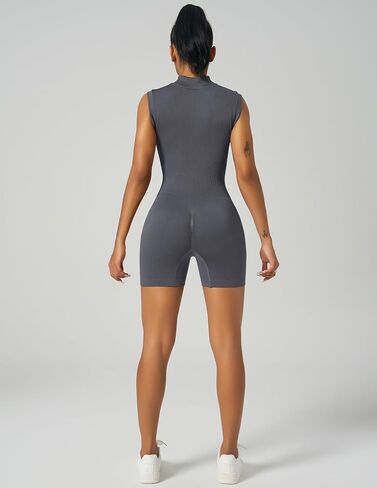 Women’s Sleeveless Zip Front Short Jumpsuit – One-Piece Stretch Romper for Yoga with Fitted Athletic Design in Saudi Arabia