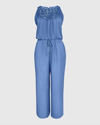 Womens Denim Look Hollow Out Lace Patchwork Sleeveless Jumpsuit Drawstring Waist Casual Wide Leg One Piece Outfit in Saudi Arabia