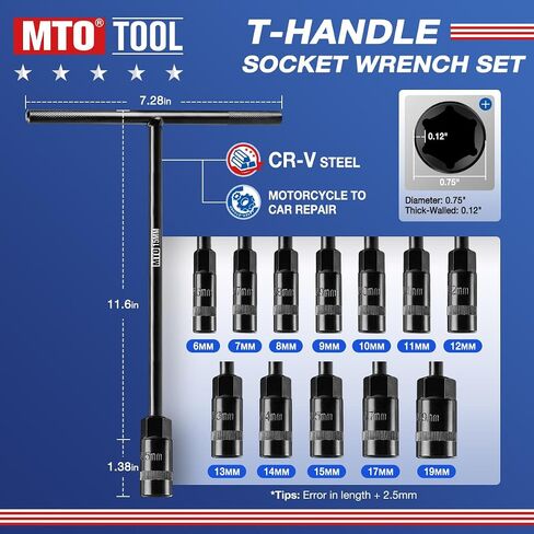 MTO T-Handle Metric Socket Wrench Set, 6-Point (6mm-15mm, 17mm, 19mm) with Hanging Organizer Strap, Cr-V Steel Lug Wrench Hex Socket for Motorcycle Car Bicycle Repair (12 Pack) in Kuwait