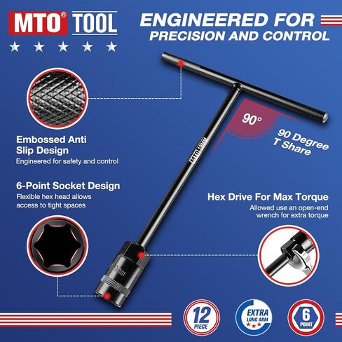 MTO T-Handle Metric Socket Wrench Set, 6-Point (6mm-15mm, 17mm, 19mm) with Hanging Organizer Strap, Cr-V Steel Lug Wrench Hex Socket for Motorcycle Car Bicycle Repair (12 Pack) in Kuwait