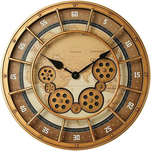 ساعة حائط مقاس 18 بوصة مع تروس متحركة، ديكور Steampunk صناعي كبير الحجم، ساعات حائط معدنية عتيقة بأرقام كبيرة لديكور غرفة المعيشة في المطبخ (برونز مطلي بالزيت العتيق) in Kuwait