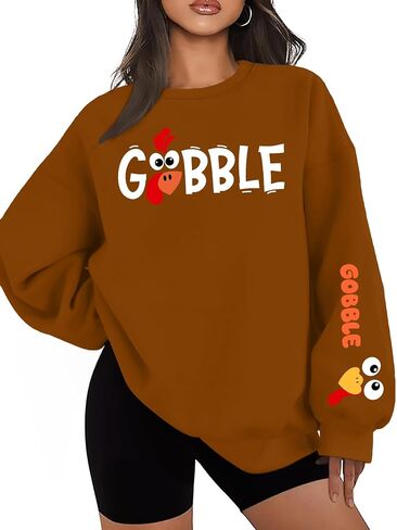سويت شيرت نسائي كبير الحجم لعيد الشكر من الصوف التركي Gobble تركيا يوم سعيد تركيا بأكمام طويلة in Kuwait