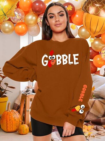 سويت شيرت نسائي كبير الحجم لعيد الشكر من الصوف التركي Gobble تركيا يوم سعيد تركيا بأكمام طويلة in Kuwait