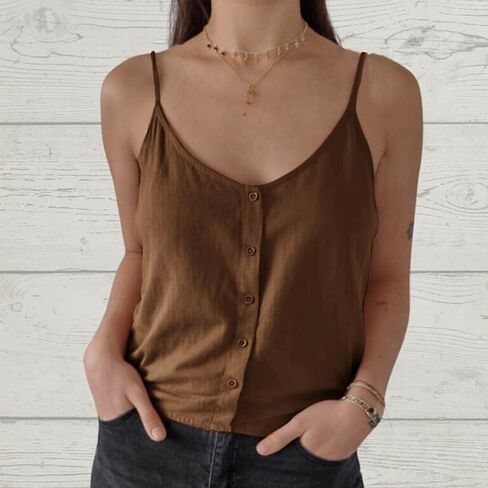 Cotton Linen Camisole Tops for Women Spaghetti Strap Loose Tank Top Cami Summer Casual Button Down Sleeveless Shirts in Saudi Arabia