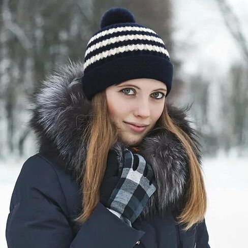 Striped Pom Pom Knit Beanie for Women - Warm Winter Hat with Wavy Pattern and Furry Ball in Saudi Arabia
