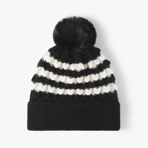 Striped Pom Pom Knit Beanie for Women - Warm Winter Hat with Wavy Pattern and Furry Ball in Saudi Arabia
