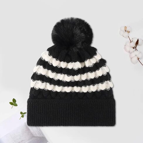 Striped Pom Pom Knit Beanie for Women - Warm Winter Hat with Wavy Pattern and Furry Ball in Saudi Arabia