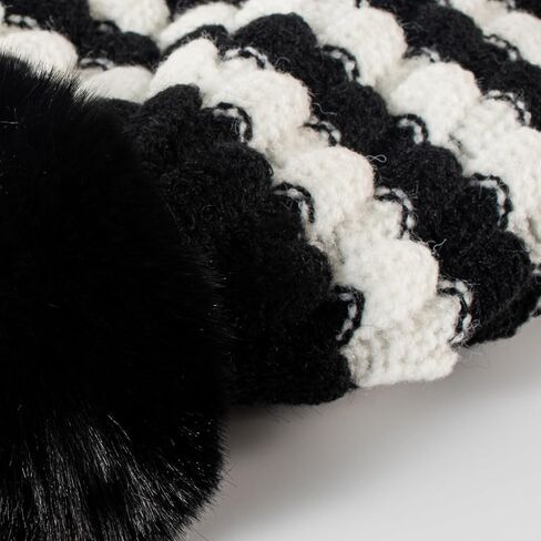 Striped Pom Pom Knit Beanie for Women - Warm Winter Hat with Wavy Pattern and Furry Ball in Saudi Arabia