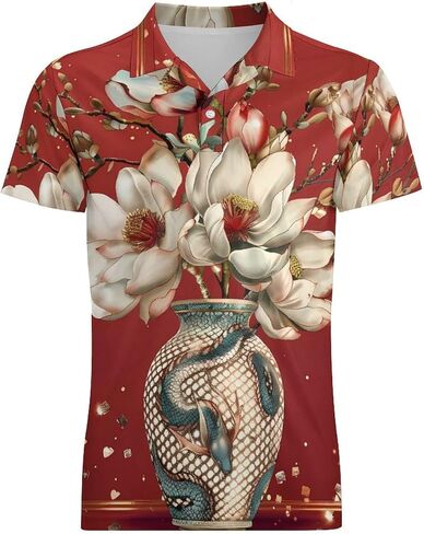 Elegant Lucky Lotuses Fire Flowers Men's Polo Shirt Short Sleeve T Shirt Casual Summer Golf Shirt Athletic Top in Saudi Arabia