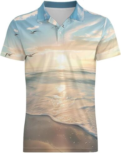 Ocean Beach Nauture Sunrise Coastal Men's Polo Shirt Short Sleeve T Shirt Casual Summer Golf Shirt Athletic Top in Saudi Arabia