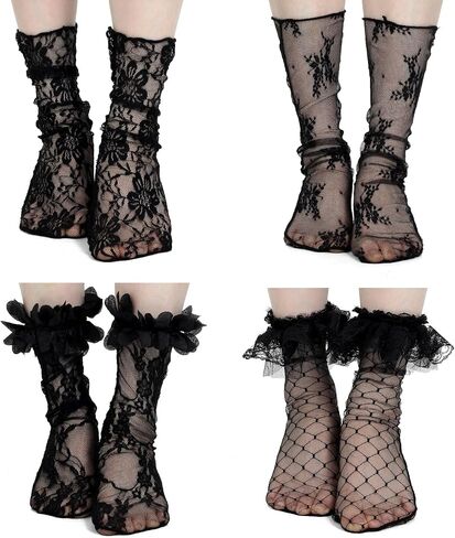 4 Pairs 4 Styles Sheer Lace Socks Women, Loose Black Laces Ruffle Socks Women, Vintage Mesh Cutout Lace Ankle Sock Lacy Sock, for Halloween Costume Accessories or Daily Clothing Accessories in Saudi Arabia