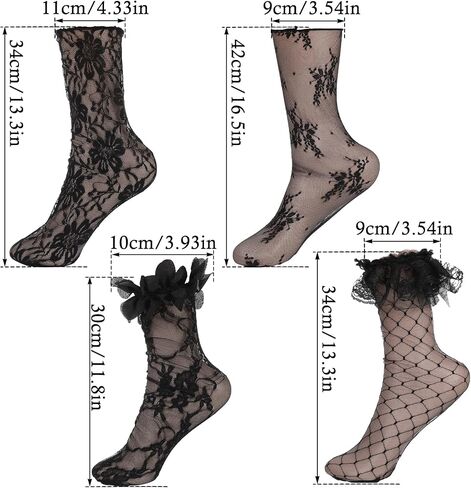 4 Pairs 4 Styles Sheer Lace Socks Women, Loose Black Laces Ruffle Socks Women, Vintage Mesh Cutout Lace Ankle Sock Lacy Sock, for Halloween Costume Accessories or Daily Clothing Accessories in Saudi Arabia