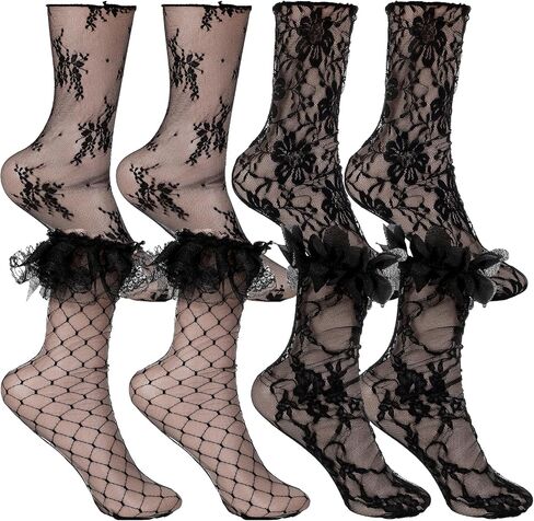 4 Pairs 4 Styles Sheer Lace Socks Women, Loose Black Laces Ruffle Socks Women, Vintage Mesh Cutout Lace Ankle Sock Lacy Sock, for Halloween Costume Accessories or Daily Clothing Accessories in Saudi Arabia
