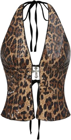 Verdusa Women's Lerpard Print Sequin Halter Top Rave Club Date Night Going Out Corset Tops in Saudi Arabia