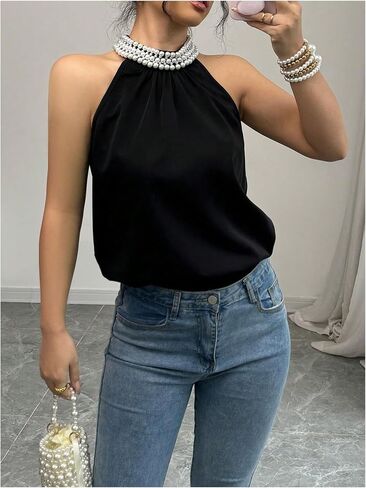 Women's Summer Halter Tops Beaded Sleeveless Blouses Casual Dressy Elegant Work Blouse Shirts in Saudi Arabia