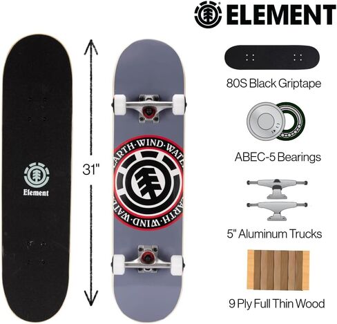 Element Icon Gray Skateboard 31" x 7.75" Complete Popsicle Board for Kids Teens Boys Girls Adults, Weight Limit 220 lbs. in Kuwait