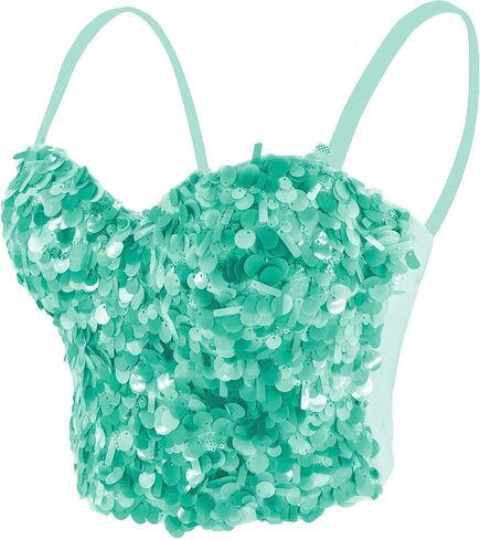 ELLACCI Women’s Sequin Bustier Crop Top Sparkly Glitter Party Tank Tops with Adjustable Straps Green in Saudi Arabia