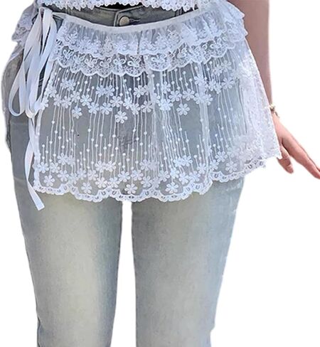 Vintage Floral Lace Mini Skirt Apron, White, Layered Mesh, Y2K Style, Tie Waist, Cottagecore Fashion in Saudi Arabia