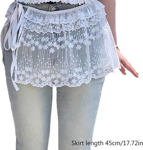 Vintage Floral Lace Mini Skirt Apron, White, Layered Mesh, Y2K Style, Tie Waist, Cottagecore Fashion in Saudi Arabia