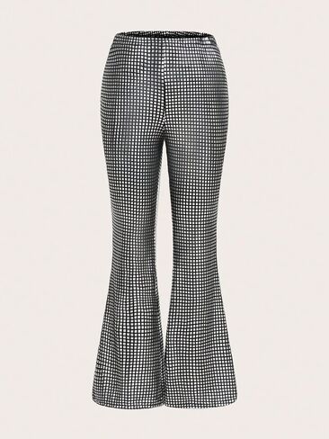 Women's Plus Size Metallic Plaid Pants High Waist Flare Leg Party Long Pants in Saudi Arabia