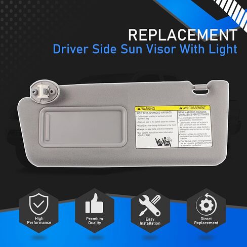 7432004210B0 Driver Side Sun Visor with Light Compatible with 2005-2015 Toyota Tacoma Front Left Sun Protection Shade Gray Replaces 7431004120B0 in Saudi Arabia