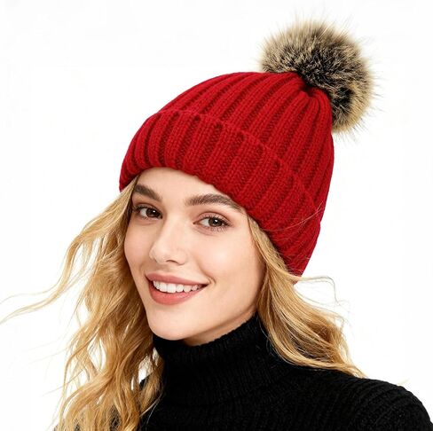 Century Star Womens Satin Lined Winter Beanie with Detachable Faux Fur Pom Pom, Warm Knit Cuffed Hat for Cold Weather in Saudi Arabia