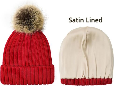 Century Star Womens Satin Lined Winter Beanie with Detachable Faux Fur Pom Pom, Warm Knit Cuffed Hat for Cold Weather in Saudi Arabia