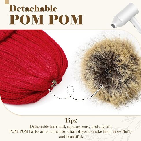 Century Star Womens Satin Lined Winter Beanie with Detachable Faux Fur Pom Pom, Warm Knit Cuffed Hat for Cold Weather in Saudi Arabia