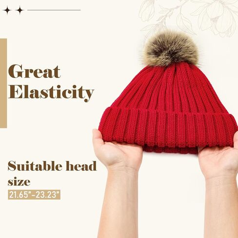 Century Star Womens Satin Lined Winter Beanie with Detachable Faux Fur Pom Pom, Warm Knit Cuffed Hat for Cold Weather in Saudi Arabia