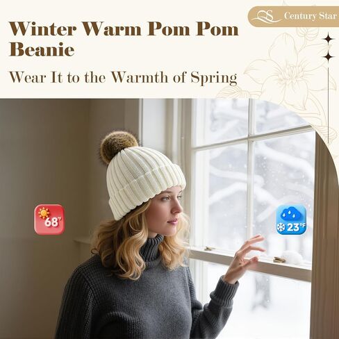 Century Star Womens Satin Lined Winter Beanie with Detachable Faux Fur Pom Pom, Warm Knit Cuffed Hat for Cold Weather in Saudi Arabia