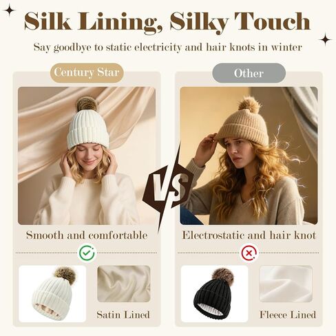 Century Star Womens Satin Lined Winter Beanie with Detachable Faux Fur Pom Pom, Warm Knit Cuffed Hat for Cold Weather in Saudi Arabia