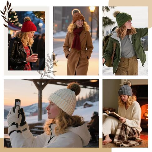 Century Star Womens Satin Lined Winter Beanie with Detachable Faux Fur Pom Pom, Warm Knit Cuffed Hat for Cold Weather in Saudi Arabia