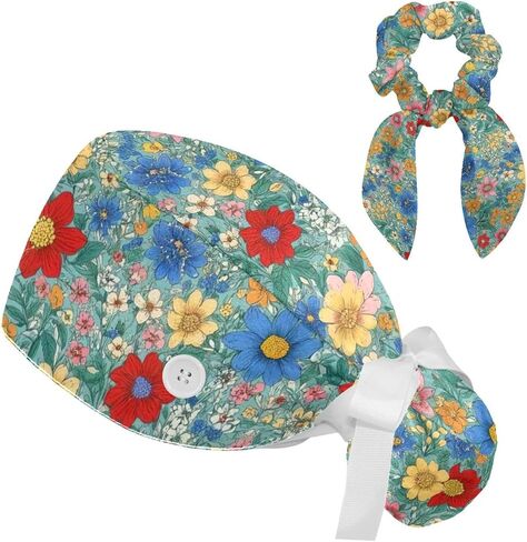 Scrub Caps Women, Surgical Caps with Ponytail Pouch and Buttons, Nurse Bouffant Adjustable, Florals Pastorable Flower Vintage in Kuwait