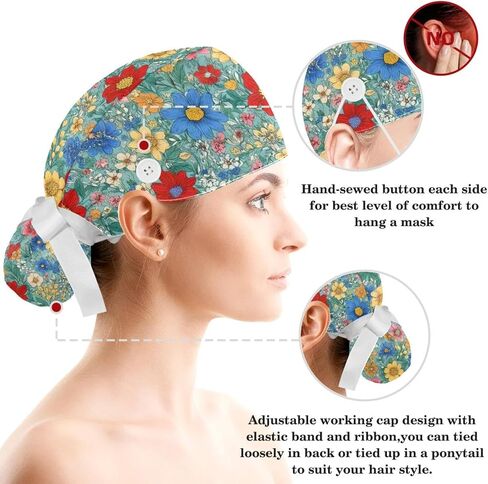 Scrub Caps Women, Surgical Caps with Ponytail Pouch and Buttons, Nurse Bouffant Adjustable, Florals Pastorable Flower Vintage in Kuwait