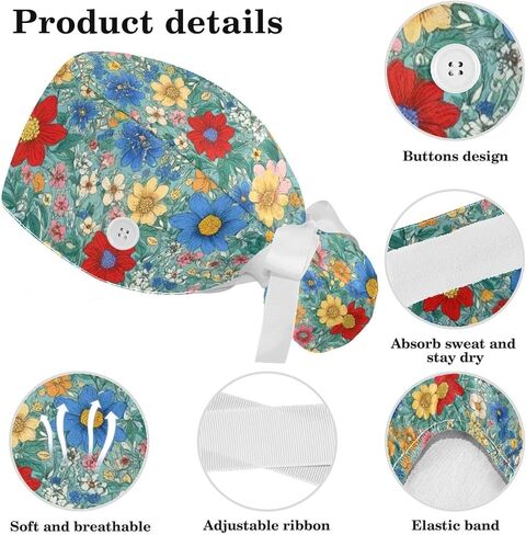 Scrub Caps Women, Surgical Caps with Ponytail Pouch and Buttons, Nurse Bouffant Adjustable, Florals Pastorable Flower Vintage in Kuwait