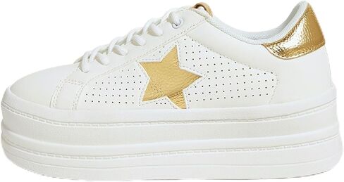 BELOS Fashion Platform Women Sneakers Faux Suede Stars Holographic Rainbow Walking Shoes (Denim Blue,9) in Kuwait