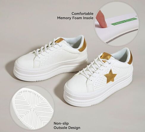 BELOS Fashion Platform Women Sneakers Faux Suede Stars Holographic Rainbow Walking Shoes (Denim Blue,9) in Kuwait