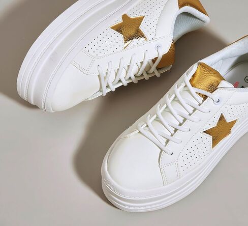 BELOS Fashion Platform Women Sneakers Faux Suede Stars Holographic Rainbow Walking Shoes (Denim Blue,9) in Kuwait