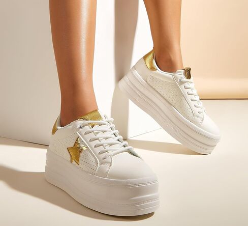 BELOS Fashion Platform Women Sneakers Faux Suede Stars Holographic Rainbow Walking Shoes (Denim Blue,9) in Kuwait