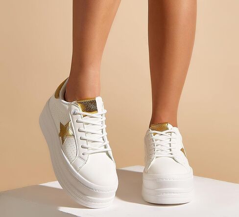 BELOS Fashion Platform Women Sneakers Faux Suede Stars Holographic Rainbow Walking Shoes (Denim Blue,9) in Kuwait