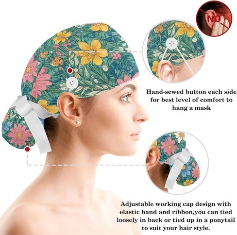 Scrub Caps Women, Surgical Caps with Ponytail Pouch and Buttons, Nurse Bouffant Adjustable, Florals Pastorable Flower Vintage in Kuwait