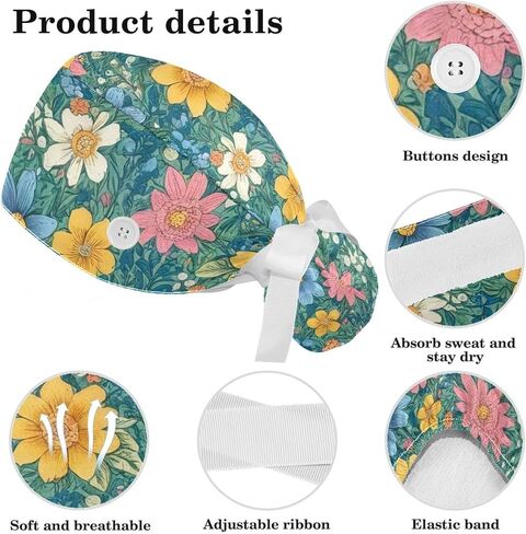 Scrub Caps Women, Surgical Caps with Ponytail Pouch and Buttons, Nurse Bouffant Adjustable, Florals Pastorable Flower Vintage in Kuwait