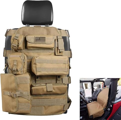 SUNPIE Upgrade Larger Seat Protector Universal Fit Tactical Seat Cover for Trucks Pickup SUV, Compatible with JL/JT, JK, TJ, Compatible with F150 Multi Pockets Molle Seat Back Organizer-Beige in Kuwait
