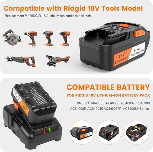2-Pack 6.0Ah 18V Lithium Battery R840087 and Battery Charger Kit Compatible with Ridgid AEG in Saudi Arabia