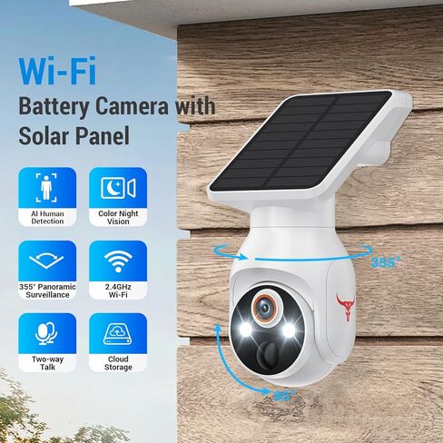 1080p Security Camera Wireless with Solar Panel, Smart AI Human Detection, 2-Way Audio, Color Night Vision, 2.4G WiFi, Cloud Storage, Indoor/Outdoor Surveillance Bullet Cam in Kuwait