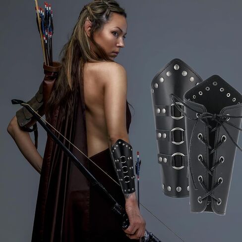 Thinp 2 Pcs Faux Leather Arm Guards, Leather Bracers Adjustable Leathers Gauntlet Wristband Medieval Arm Protector with Belt Buckle Halloween Cosplay Costume Accessory for Men Women (Black) in Saudi Arabia